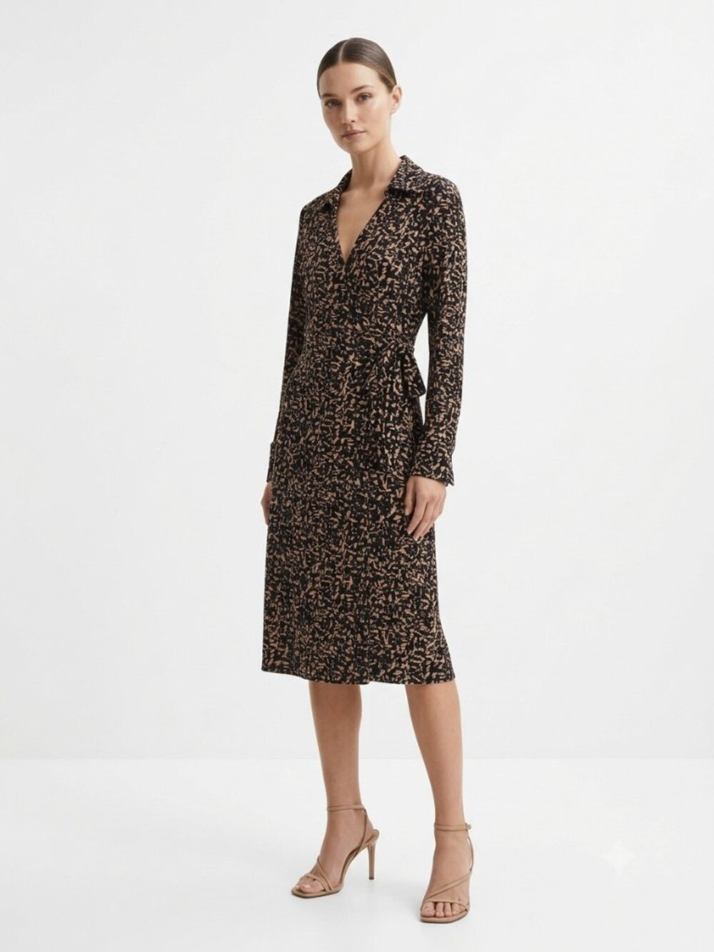 Anne Klein Wrap Dress Abstract Brown Black Jersey Retro 8